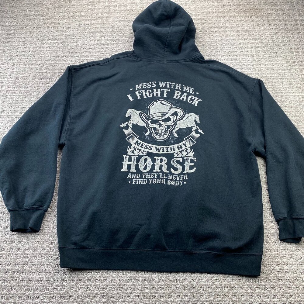 Gildan Hoodie Sweater Men Extra Large XL Black Mess With My Horse Funny Print